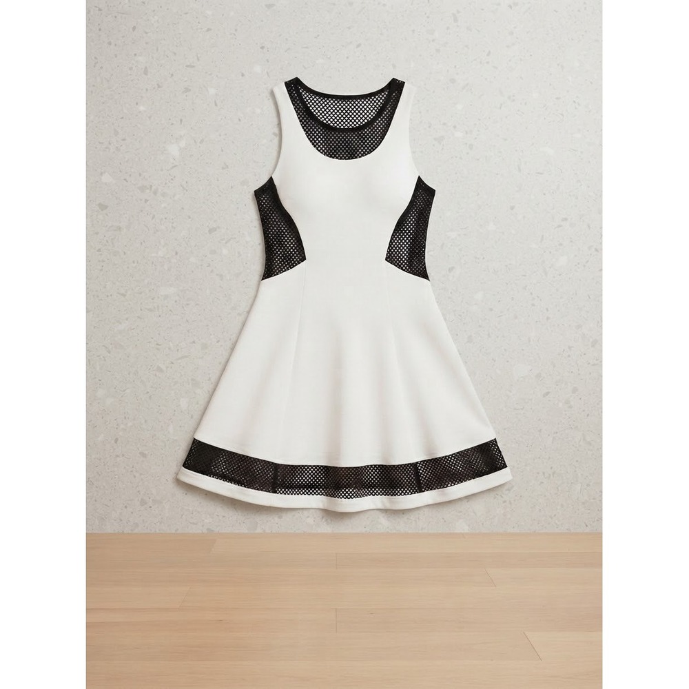 Bebe Women Dress XXS White Black Mesh Panel Fit Flare Skater 70JSA101-N060